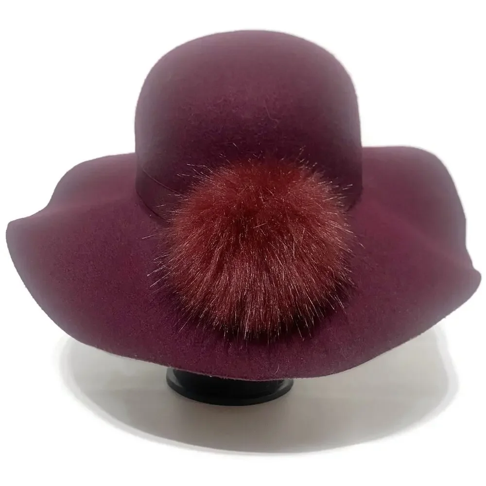 Torrid Wide-Brim Felt Hat With Fur Pom-Pom Deep Burgundy Purple Size S/M